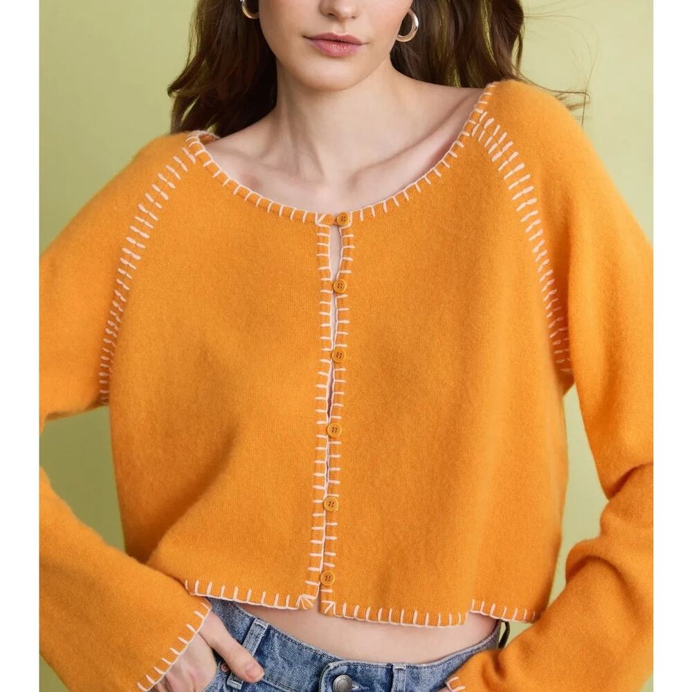 Naadam Raglan Cardigan Cashmere Embroidered Sweater Contrast Stitching Orange S